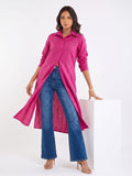 Pink Shirt-Style Kurta Elevated With Chic Contrast Stitch Detailing.