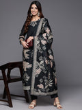 Varanga Women Round Neck Floral Printed Embroidered Kurta Paired With Solid Bottom And  French Knot Embroidered  Dupatta