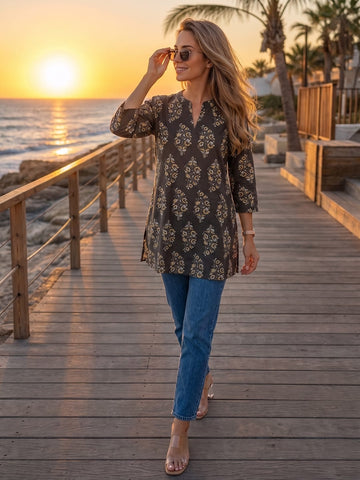 Women's Ethnic Block-Print Short Top