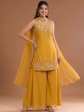 Round Neck Embroidered Kurta Set Featuring Zari And Sequin Work With Flared Palazzo And Embellished Dupatta
