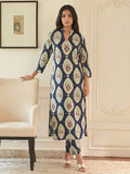 Navy Blue A-Line Kurta Set Featuring A Split Mandarin Collar