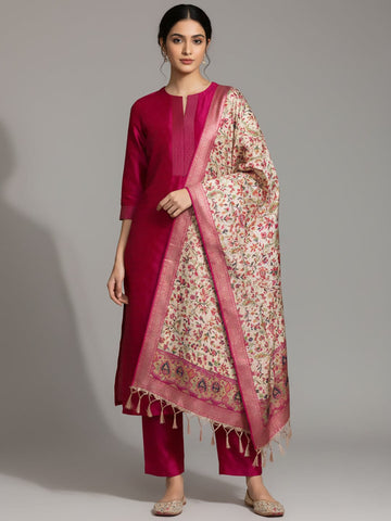Varanga Women Pink Woven Zari Embroidered Straight Kurta With Bottom And Dupatta