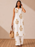 Women's White Kurta Set With Elegant Beige Floral Prints