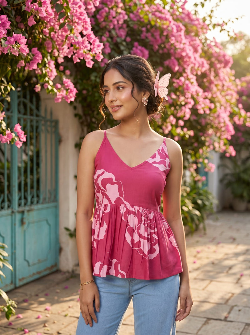 Varanga Fuchsia & Pink Floral Babydoll Top With Gathered Waist