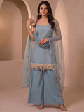 Powder Blue Mirror Work Halter-Neck Sharara Set
