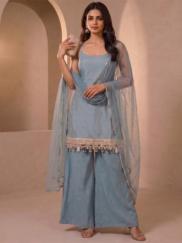 Powder Blue Mirror Work Halter-Neck Sharara Set