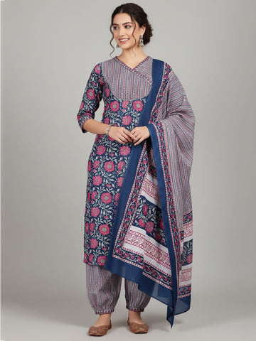 Varanga Women Ethnic Floral Printed V Neck Kurta With Stripper Trouser & Dupatta