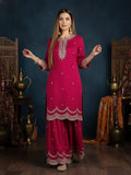 Fuchsia Straight-Fit Kurta With Zari Embroidery And Scallop Detailing, Paired With Sharara And Dupatta.