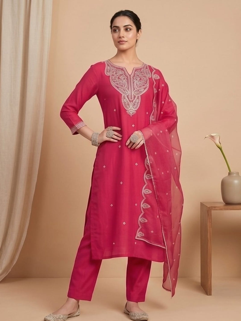 Fuchsia Straight-Fit Kurta Set With Solid Ankle-Length Trousers And An Embroidered Dupatta
