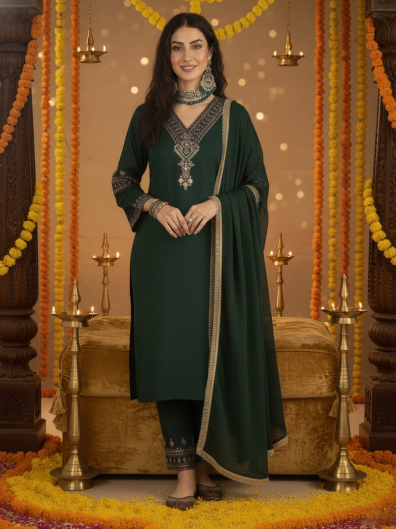 Varanga Women Green Embroidered Straight Kurta Paired With Tonal Embroidered Bottom And With Tonal Chiffon Dotted Dupatta