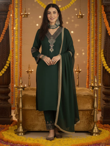 Varanga Women Green Embroidered Straight Kurta Paired With Tonal Embroidered Bottom And With Tonal Chiffon Dotted Dupatta