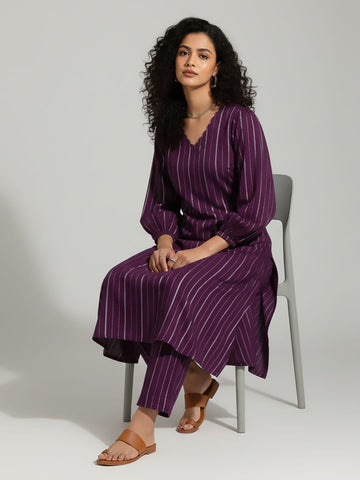 Varanga Women Purple Lurex A- Line Kurta With Trousers