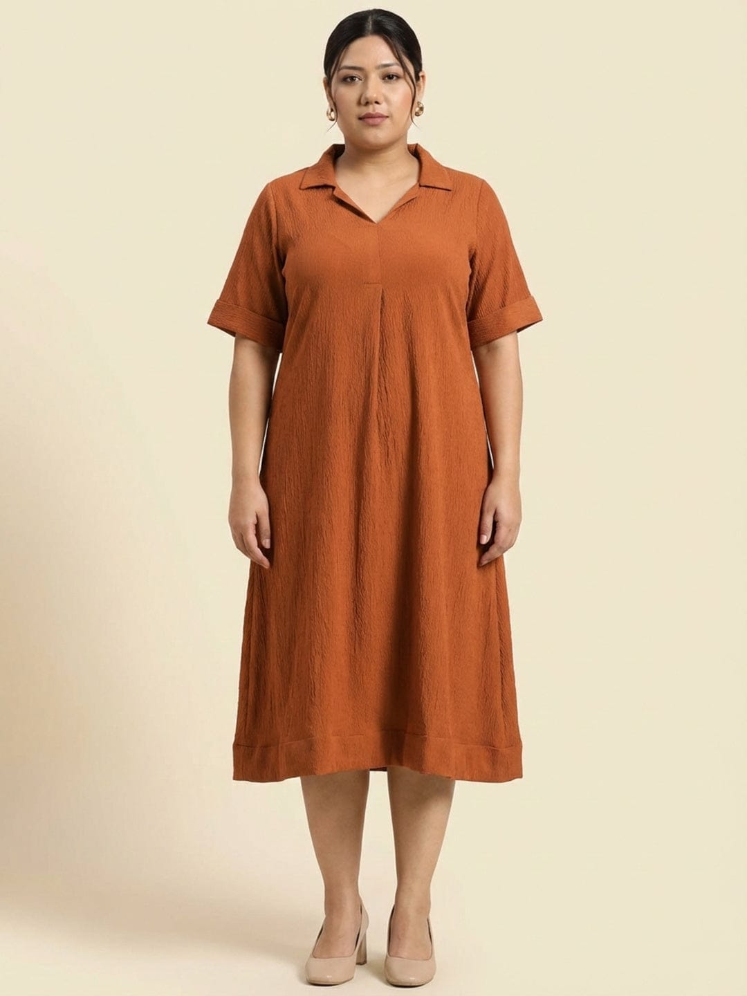 Varanga Women Beige Shirt Collar A Line Dress