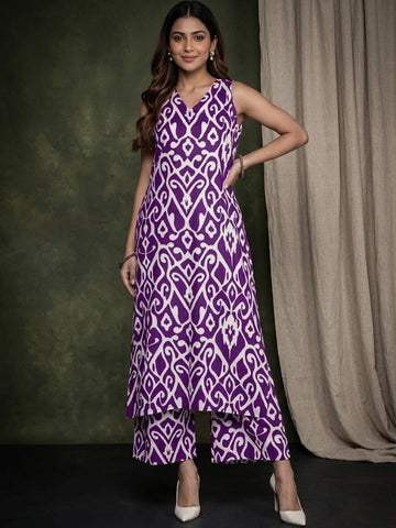 Varanga Women Purple Ikat Printed Straight Kurta With Palazzo