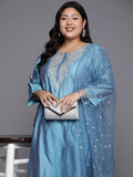 Varanga Women Plus Size Blue Floral Embroidered Regular Chanderi Silk Kurta With Trousers & With Dupatta