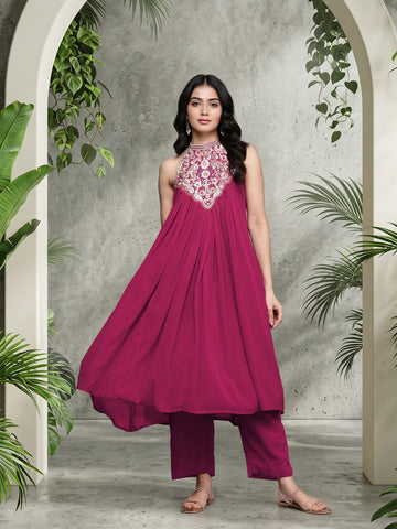 Varanga Women Fushcia Embroidered Sleeveless Flared Kurta Paired With Tonal Bottom