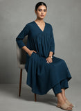 Varanga Women Teal Empire Gathered Details A-Line Kurta Paired With Tonal Bottom