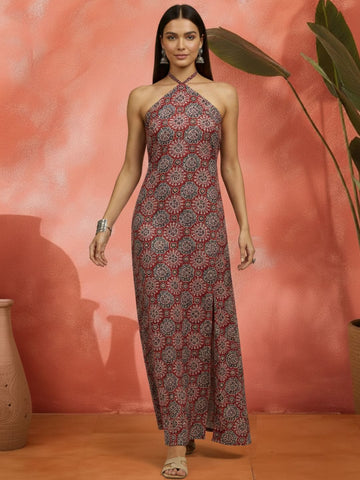 Elegant Ajrakh Full-Length Halter neck Dress