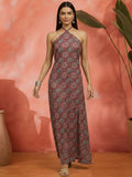 Elegant Ajrakh Full-Length Halter neck Dress