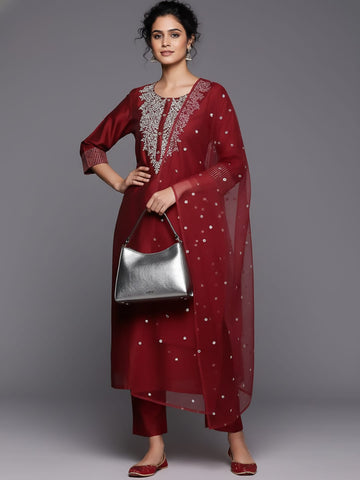 Varanga Women Red Embroidered Kurta With Tonal Trouser And Printed Dupattta