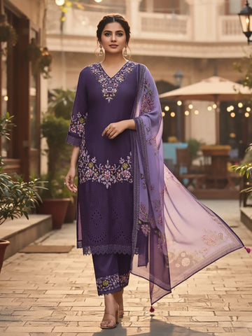 Varanga Women Floral Heavy Thread Embroidered Schffili Hem Kurta With Trouser & Dupatta