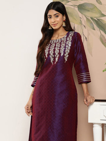 Varanga Women purple And Gold Toned Woven Design Embroidered Jacquard Kurta