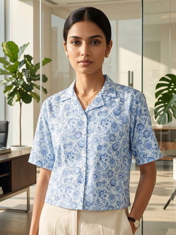 Blue Coloured Short Sleeves Shirt Collar Top