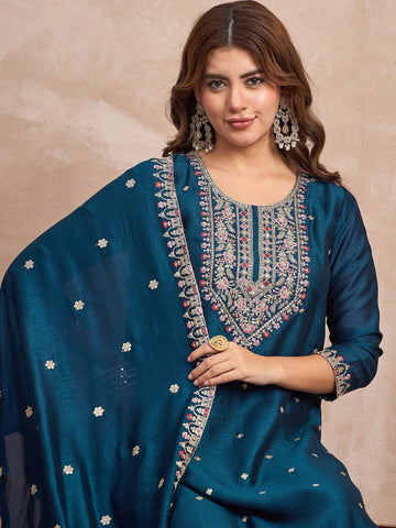 Kurta With Intricate Zari-Embroidered Yoke Is Paired With Ankle-Length Solid Trousers And A Matching Zari-Accented Dupatta