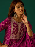 Bandhani-Printed Anarkali With Zari-Embroidered Yoke, Paired With Solid Trousers And Dupatta