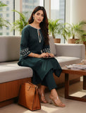 Varanga Women Bottle Green Embroidered Kurta Set