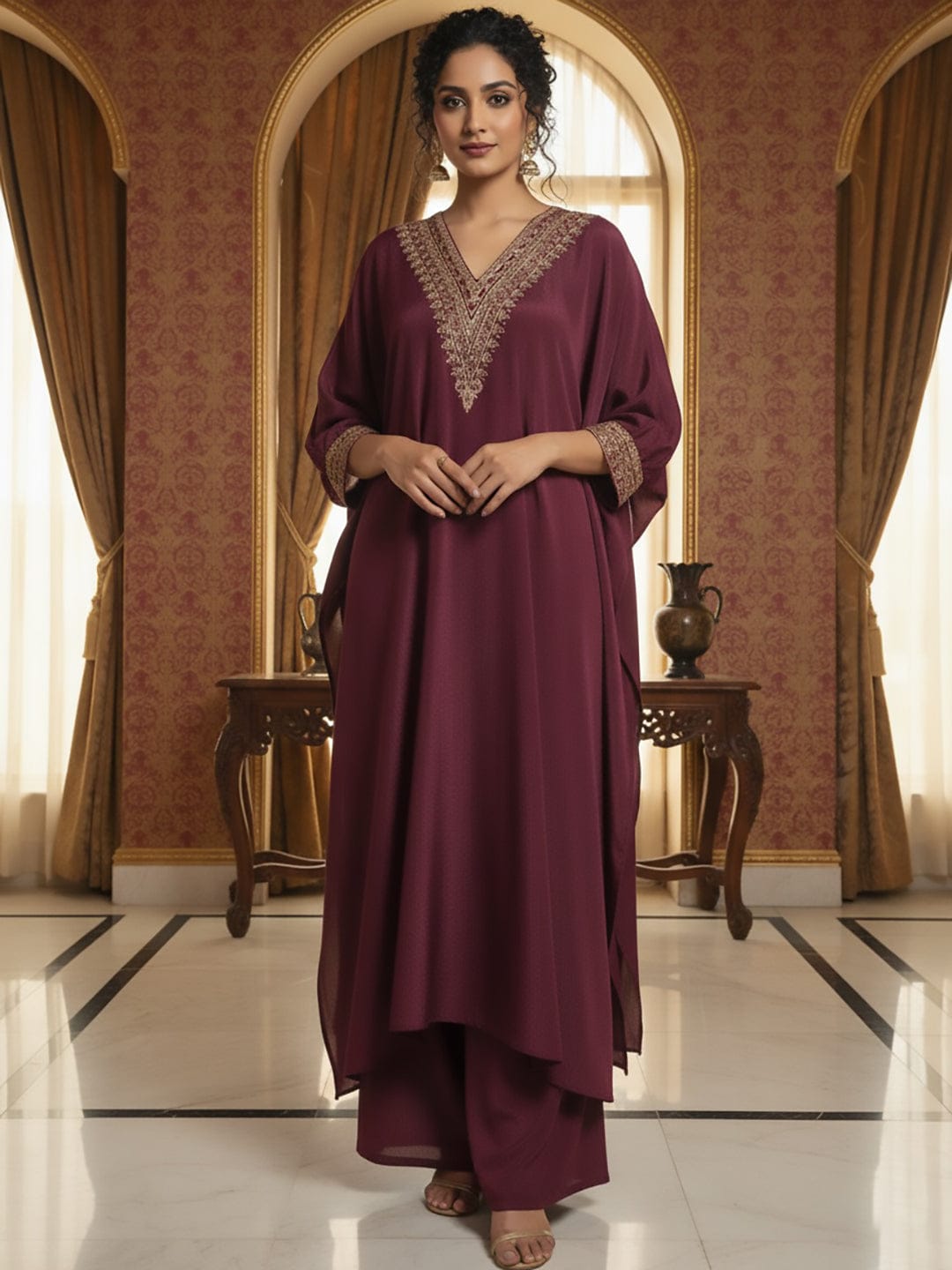 Zari Embroidered Neck Flared Kaftan with Trouser