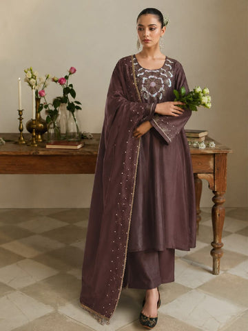 Brown Shimmer Kurta Set With Pants And Dupatta
