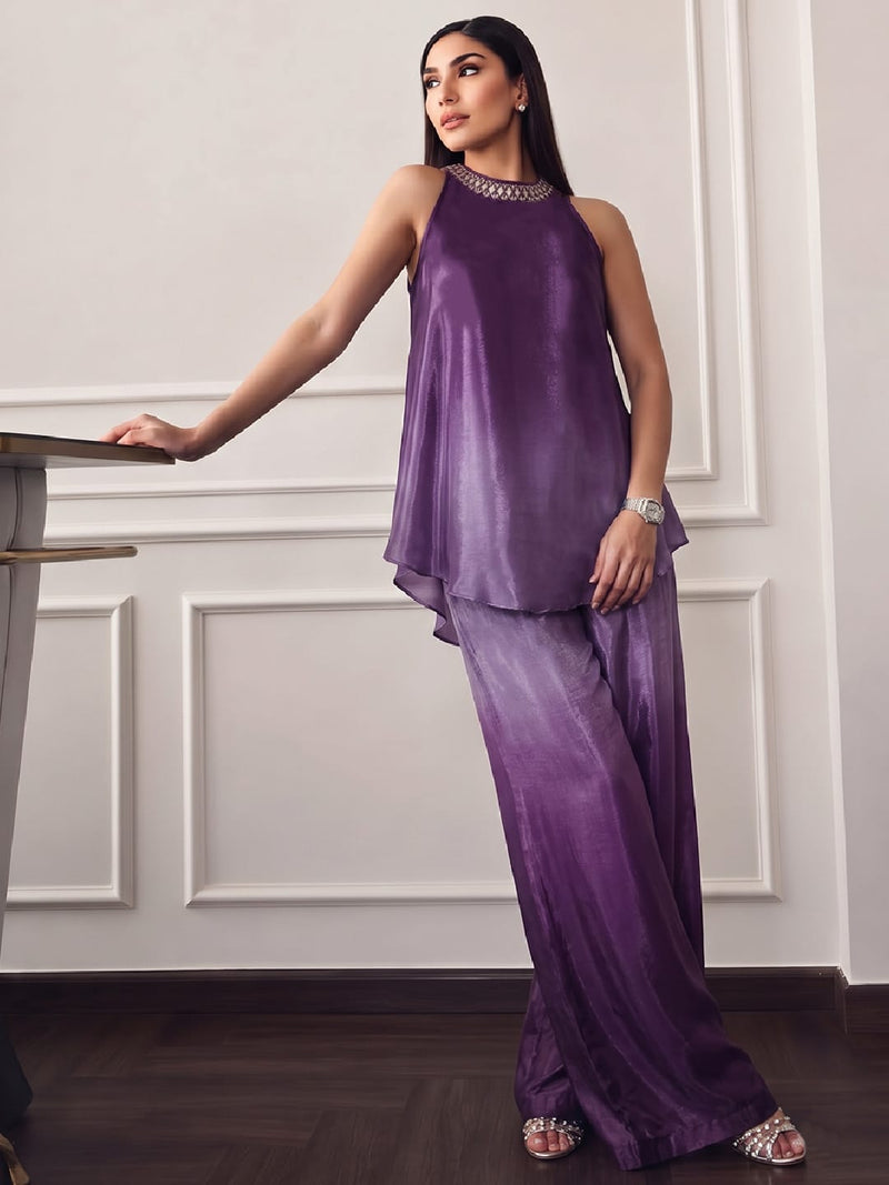Ombere Purple Halter-Neck Co-Ord Set Featuring An Embellished Neckline And Flowy Wide-Leg Pants.