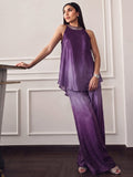 Ombere Purple Halter-Neck Co-Ord Set Featuring An Embellished Neckline And Flowy Wide-Leg Pants.