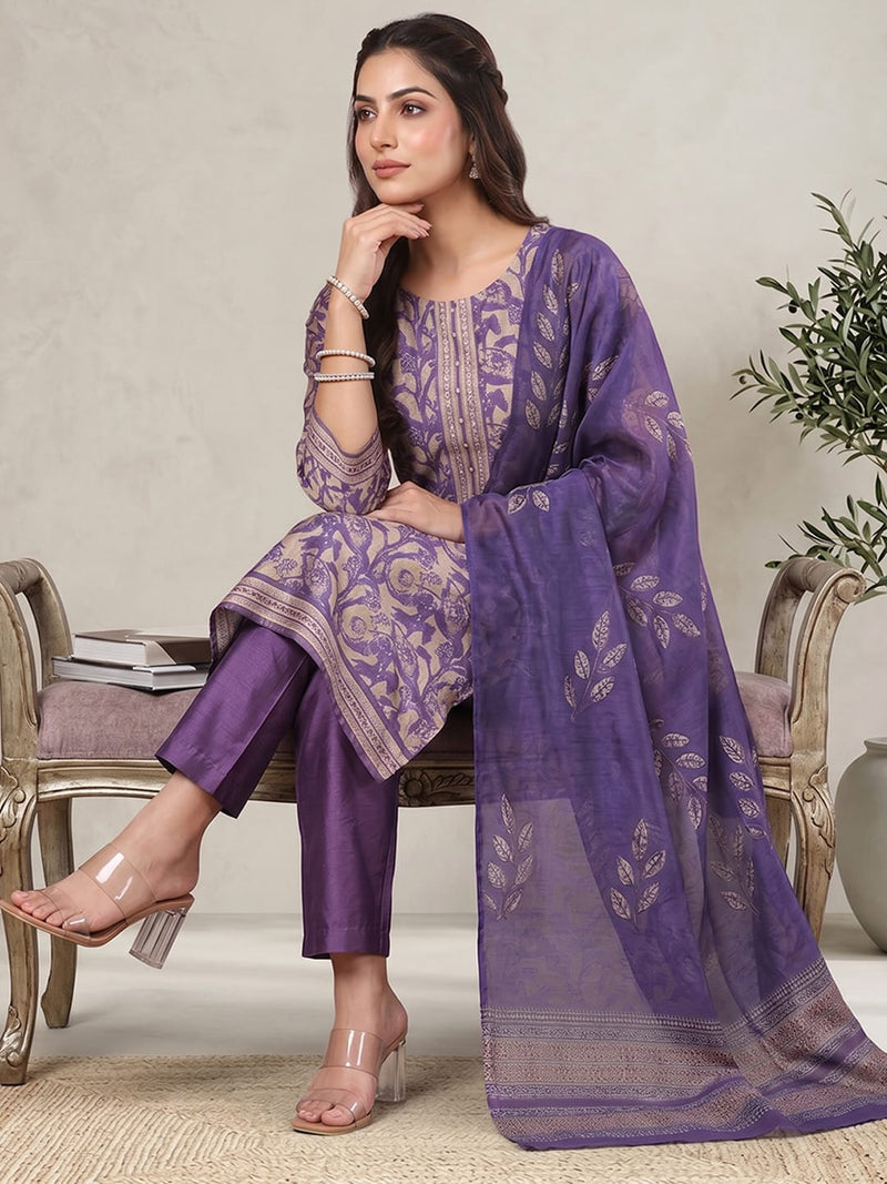 Varanga Women Purple Floral Printed Straight Kurta with Trouser and Printed Dupatta