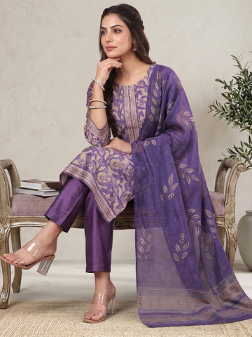 Varanga Women Purple Floral Printed Straight Kurta with Trouser and Printed Dupatta