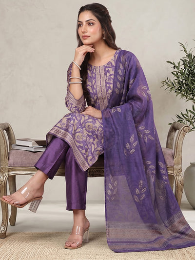 Varanga Women Purple Floral Printed Straight Kurta with Trouser and Printed Dupatta
