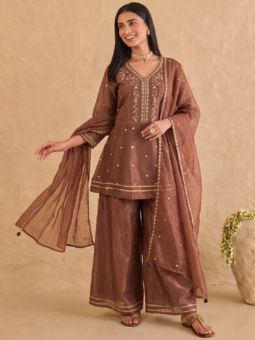 Embroidered Brown Kurta Set With Palazzo And Dupatta.