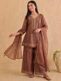 Embroidered Brown Kurta Set With Palazzo And Dupatta.