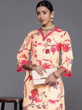 varanga women mustard yellow and pink floral printed flared sleeves sequinned kurta