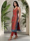 Everyday-ready rust A-line V-neck kurta paired with soft, elasticated solid trousers.