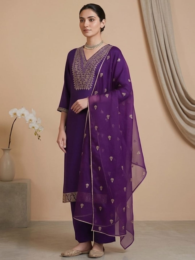 Varanga Women Zari Embroidered Yoke Kurta With Trouser & Sequins Detailed Dupatta