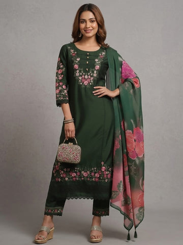 Varanga Women Floral Heavy Thread Embroidered Schffili Hem Kurta With Trouser & Dupatta