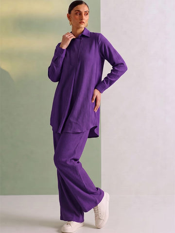 Women Purple Solid Relaxed-Fit Shirt & Wide-Leg Co-Ord Set