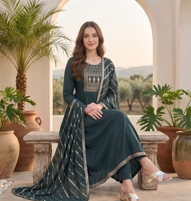 Varanga Women Grey Yoke Embroidered Straight Kurta Paired With Tonal Solid Bottom And Dupatta