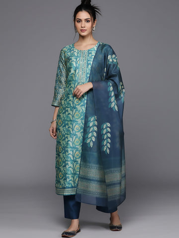 Varanga Women Blue Floral Printed Kurta, Round Neck Straight Kurta Paired With Tonal Bottom And Printed Dupatta.
