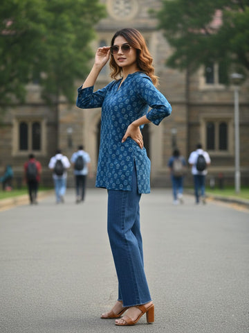 Varanga Women Blue Printed Tunic with 3/4 Sleeves