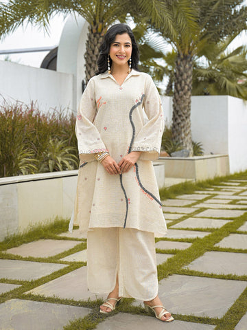 Mixed-Pattern Botanical Long-Line Kurta Set