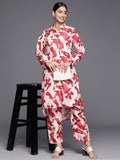 KSUT Women Abstract Printed Shirt Collar Straight Kurta With Tonal Bottom