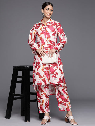 KSUT Women Abstract Printed Shirt Collar Straight Kurta With Tonal Bottom